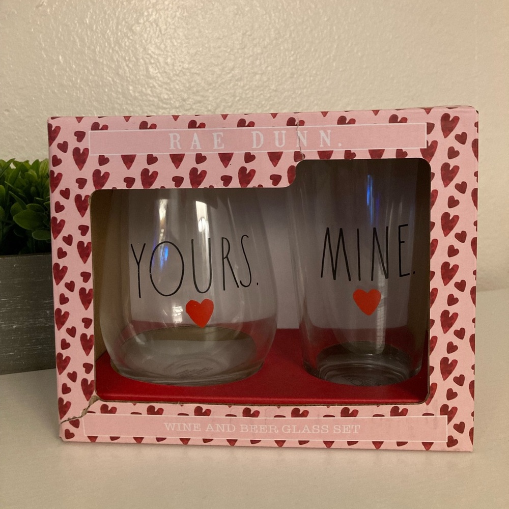 Rae Dunn Wine & Beer Glass Set Romantic Gift Yours Mine Valentines Anniversary